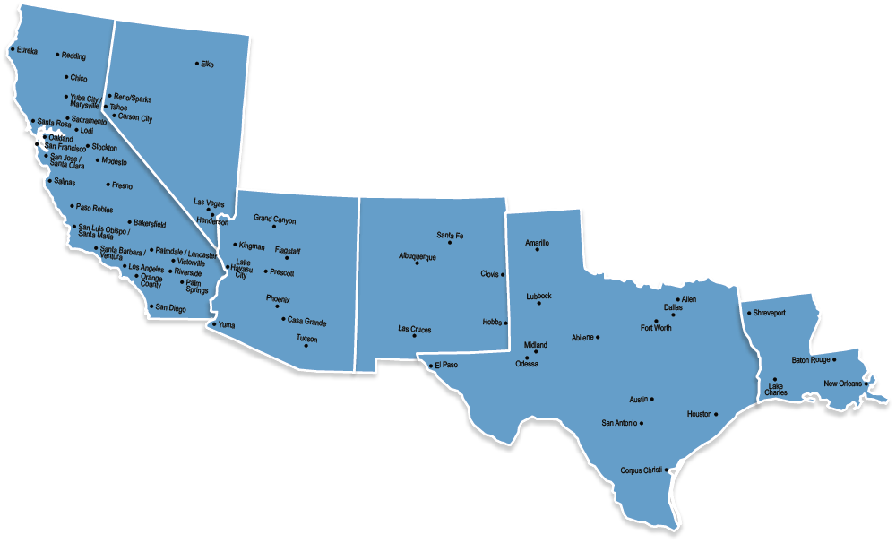 US map of CA, NV, AZ, NM, TX, LA