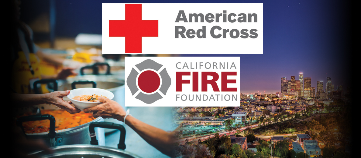 American Red Cross and California fire foundation logos over the city of los angeles and a person getting food at a food drive