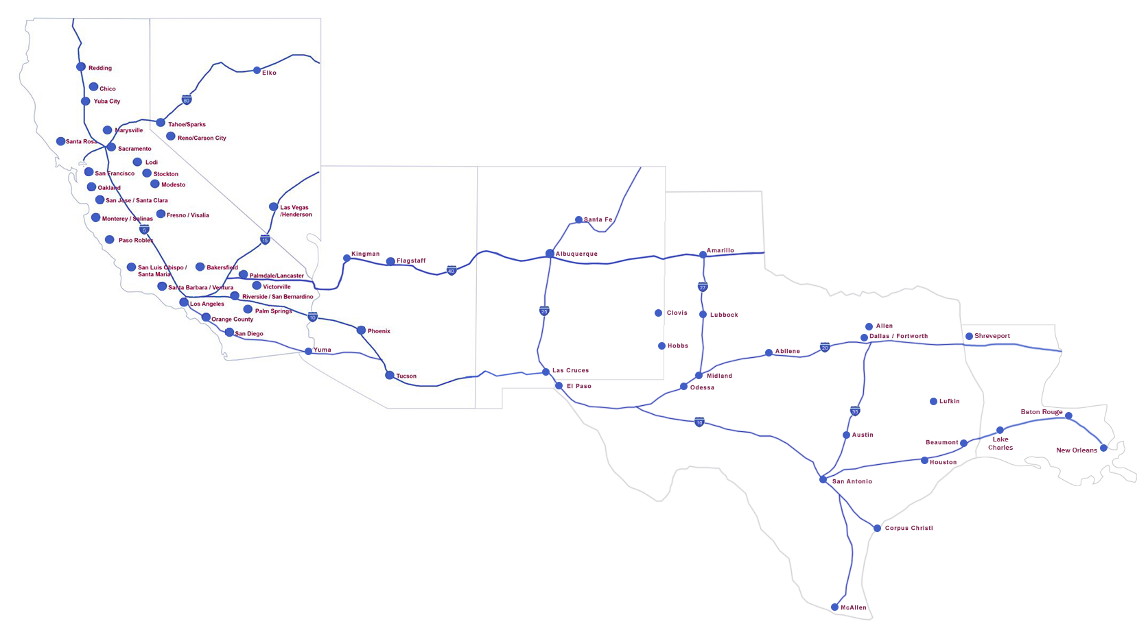 Map of US CA, NV, AZ, NM, and LA with interstate routes.