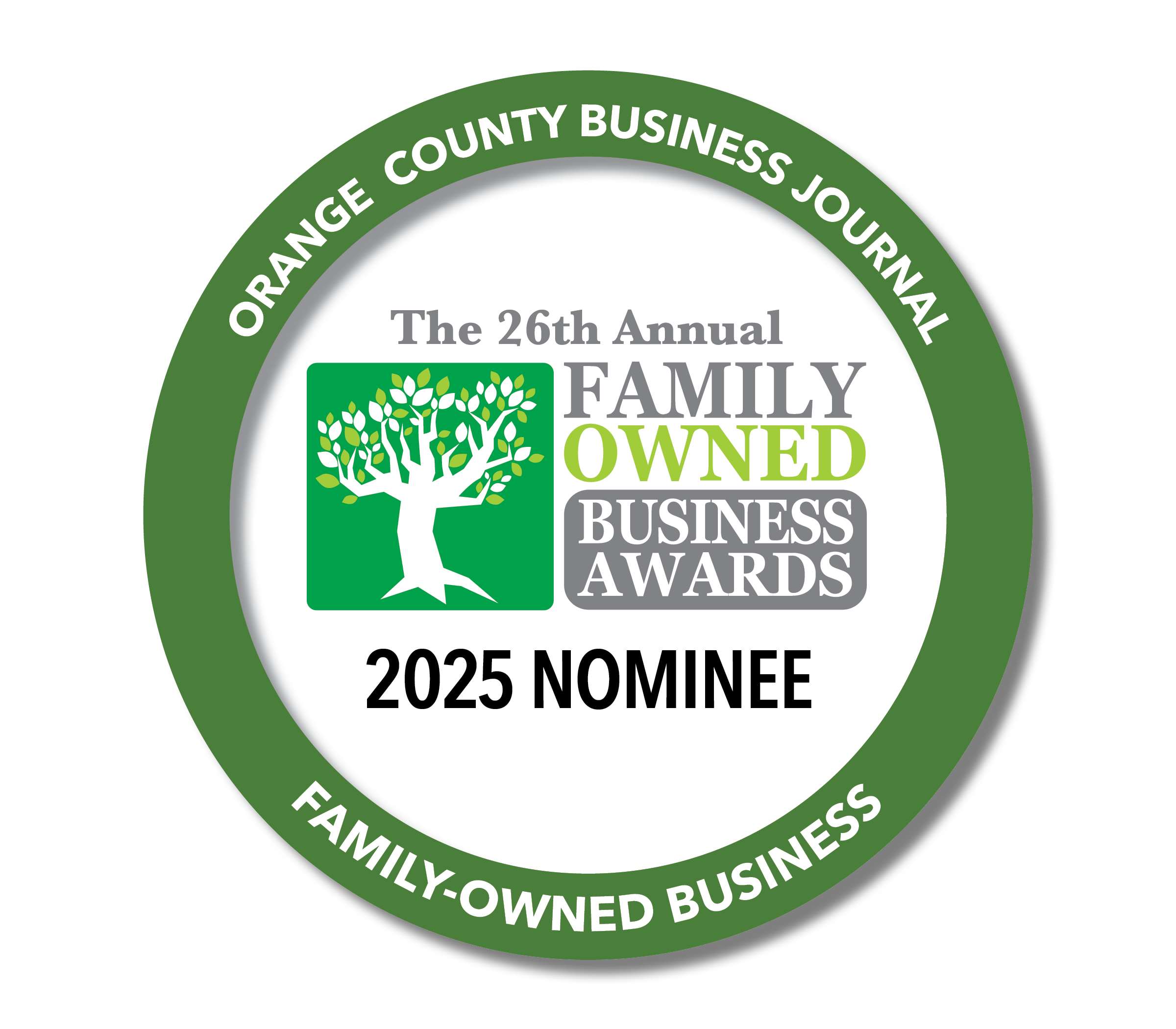 Badge reading “2025 Nominee” for the 26th Annual Family-Owned Business Awards, issued by the Orange County Business Journal. Includes a stylized green and white tree icon.
