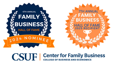 CSUF Family Business Hall of Fame badges for 2024 nominee and 2025 recipient
