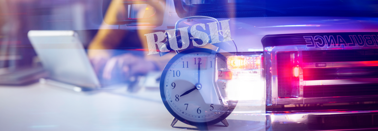Conceptual image showing a red ambulance next to a large analog clock, symbolizing urgency, fast response, and the importance of timely intervention in rush case management.