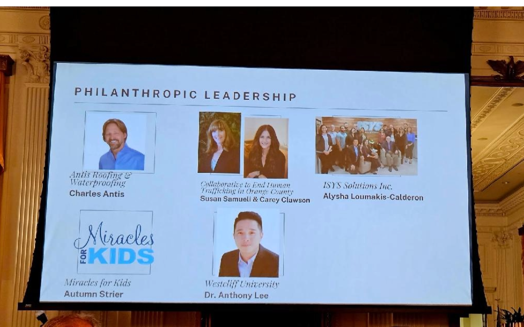 Collage of photos showing the ICON Awards ceremony, presenters, nominees, and the Philanthropic Leadership finalists slide featuring ISYS Solutions Inc.