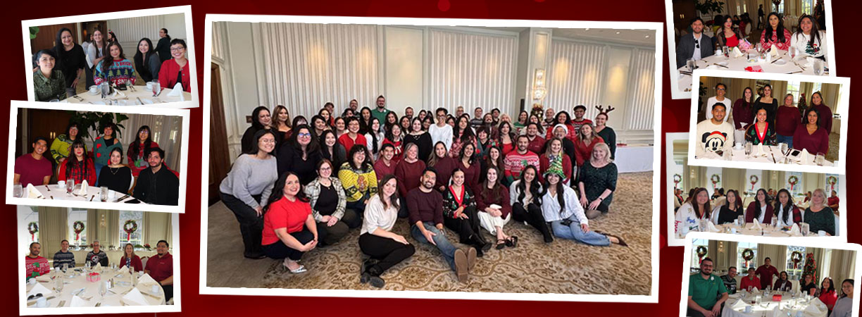 Photo collage showing ISYS employees gathered at tables and posing together during the annual holiday luncheon.