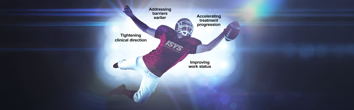 Football player graphic illustrating outcome-driven nurse case management in workers’ compensation, highlighting faster treatment, barrier resolution, clinical direction, and return-to-work progress.