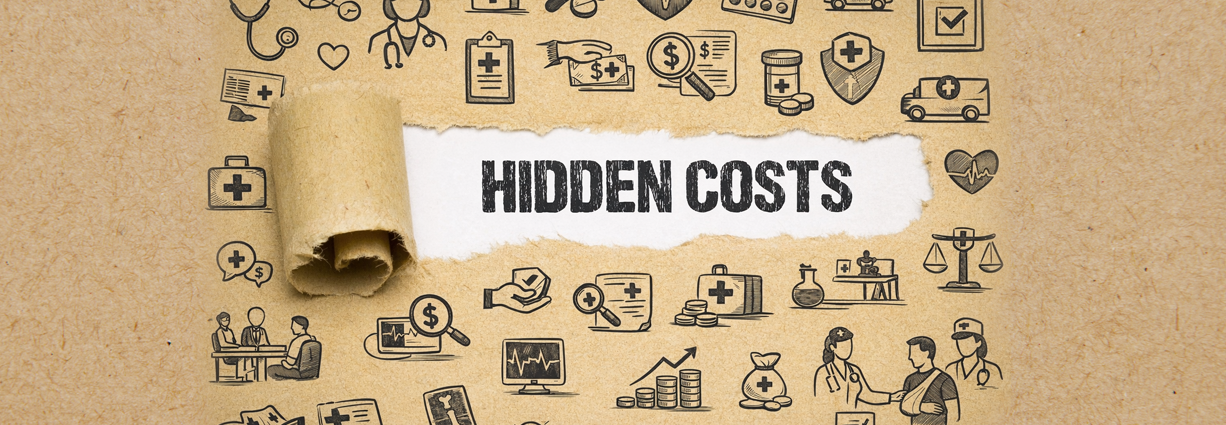 Torn parchment-style image revealing the words “Hidden Costs,” surrounded by hand-drawn medical icons representing workers’ compensation cost drivers such as care delays, communication gaps, nurse case management, return-to-work planning, and healthcare expenses.