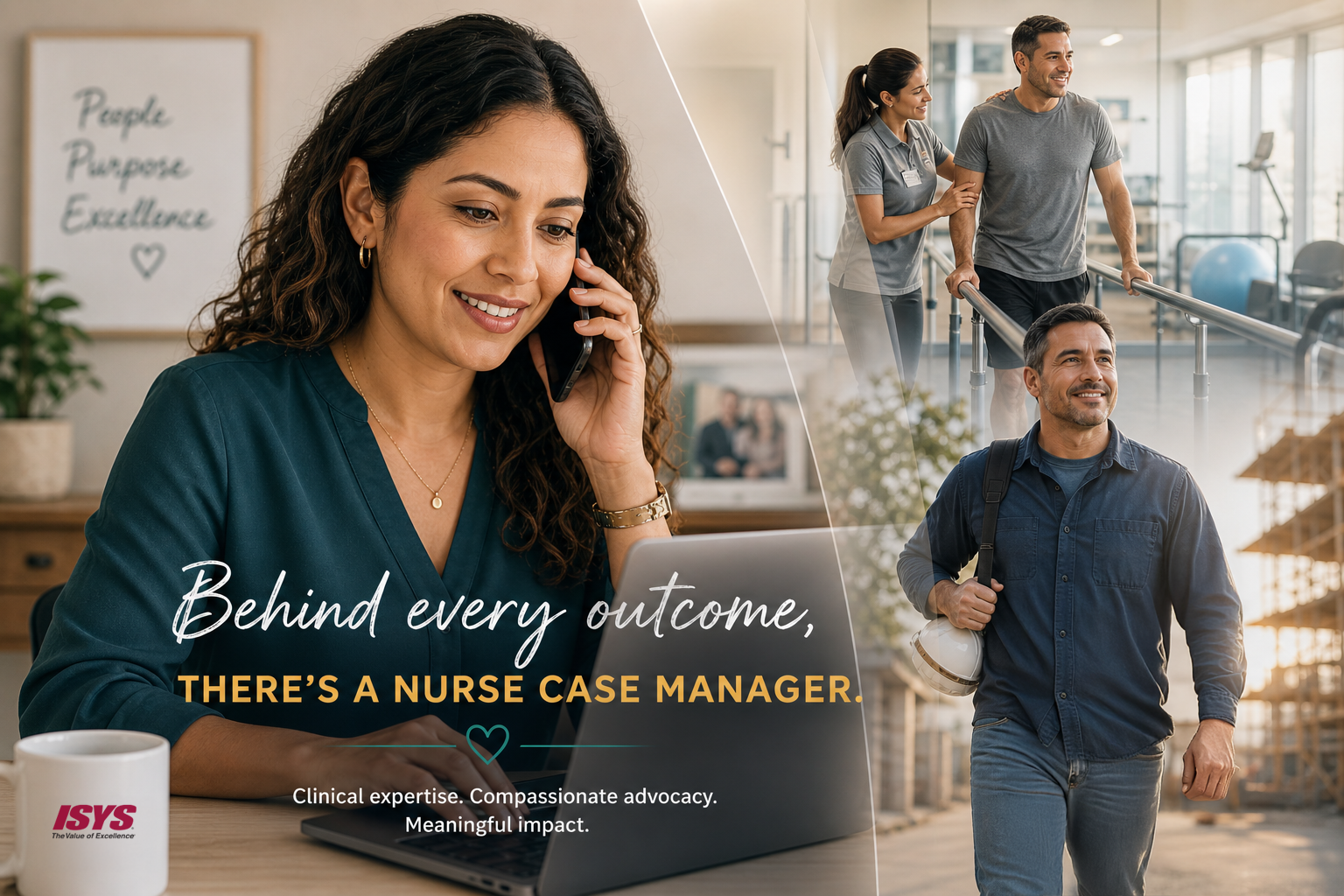 Nurse case manager speaking by phone while coordinating care, with scenes of an injured worker in rehabilitation and returning to work.