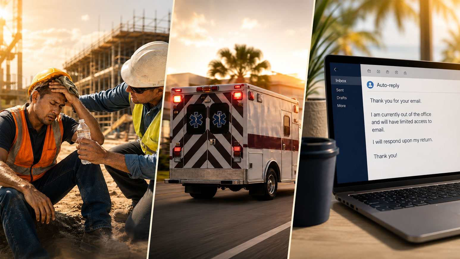 Construction worker experiencing heat exhaustion, ambulance response, and out-of-office email representing summer workers’ compensation claim challenges