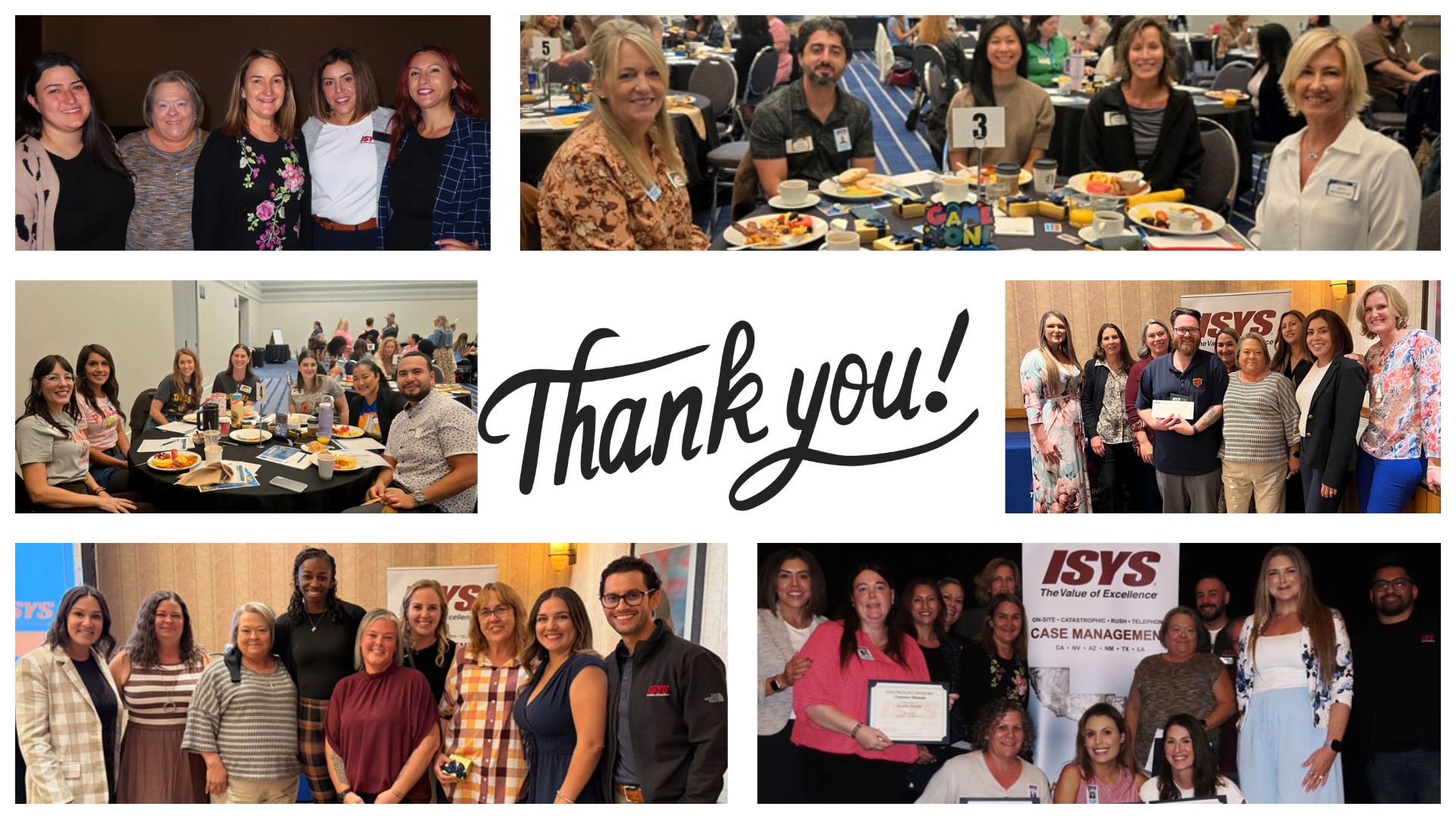 Collage of ISYS case managers and team members at meetings and events with a “Thank you!” message in the center.